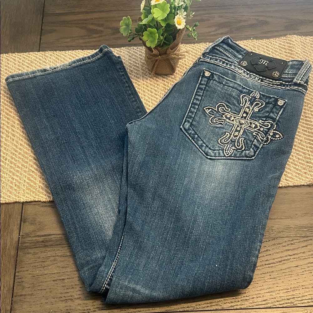 MISS⚜️ME CROSS✝️Blingy Pockets Blue Bootcut JEANS Size 30 Waist JP5333BV